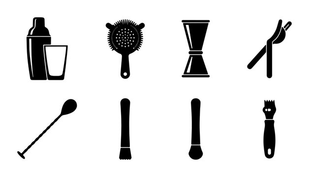 Bar Tools Set, Cocktail Shaker, Strainer, Jigger, Muddler, Citrus Juicer, Bar Spoon, Zester, Mixology Equipment, Black Icons for Bar Service and Drink Preparation