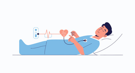 Fototapeta premium Man in hospital bed with heart monitor displaying ECG waveform and vital signs.