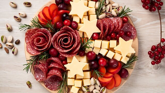 Charcuterie board with cheese stars and salami roses for a festive Christmas appetizer. Gourmet snack platter on a wooden plate with fruit and nut. Holiday catering food display.