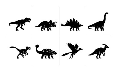 Dinosaur Silhouettes Collection, Prehistoric Creatures Vector Icons, Jurassic Era Animals Set, Ancient Reptile Graphic Elements © Fatema