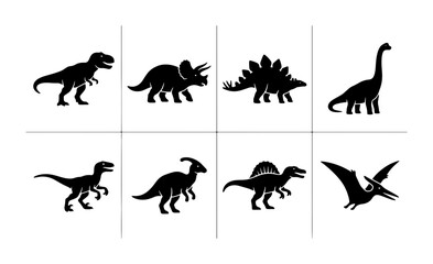 Set of 8 Dinosaur Silhouettes, Prehistoric Vector Icons for Kids and Education, Jurassic Era Creatures © Fatema