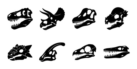 Dinosaur Skulls Vector Icons Set, Prehistoric Fossil Head Silhouettes for Paleontology and Education Graphics, Ancient Reptile Anatomy © Fatema