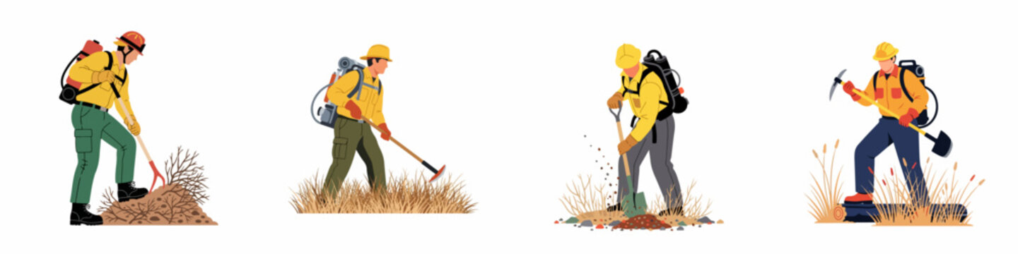 Illustration set of wildland firefighters in uniform using tools like shovels, rakes, and pulaskis to clear dry brush and create fire lines.