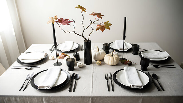 Table setting with white pumpkins and black tableware for festive dinner. Elegant autumn decoration with fall leaves and candlestick. Minimalist style for holiday celebration.