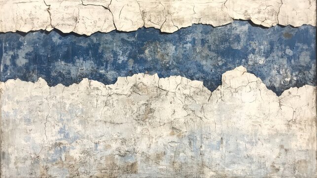 A wall with cracks and peeling paint. The wall is blue and white. The cracks and peeling paint give the wall a worn and aged appearance