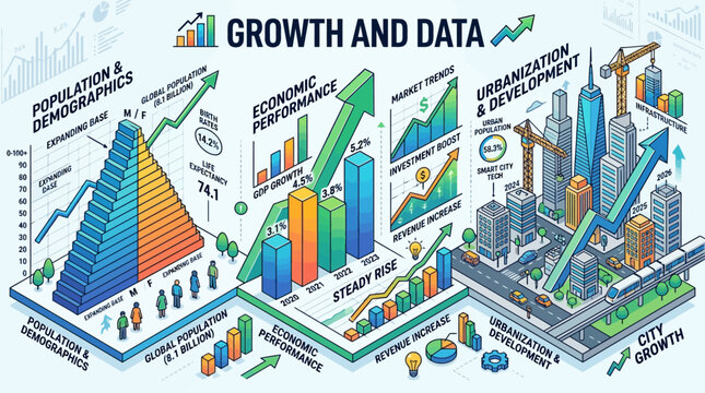 The graphic illustration shows business growth and data analysis with various charts and cityscape