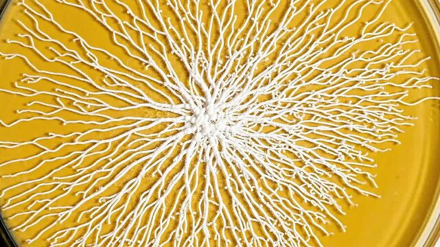 Intricate white organic growth pattern on a vibrant yellow background