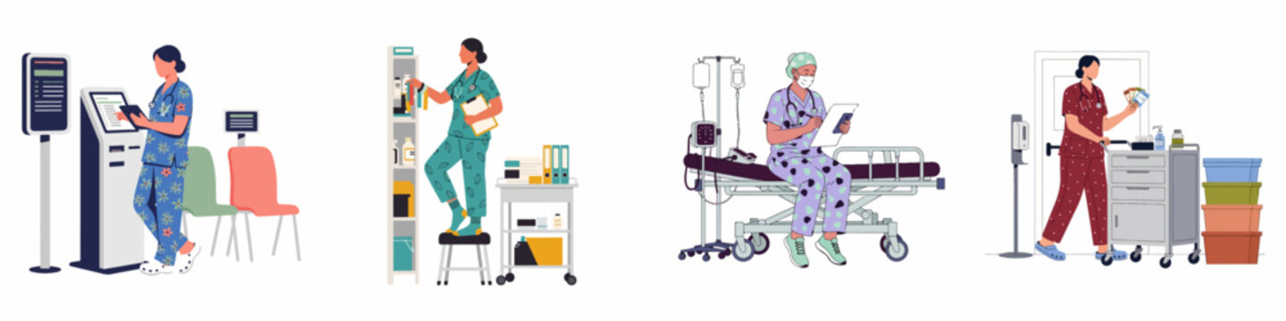 Set of flat vector illustrations depicting nurses and medical staff working in different hospital settings such as clinics, storage rooms, and patient areas.