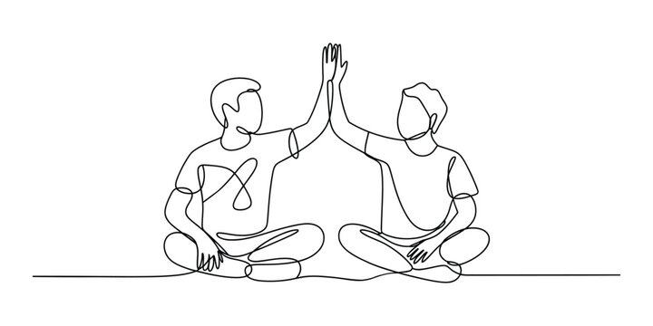 Two friends sitting and giving a high five line drawing