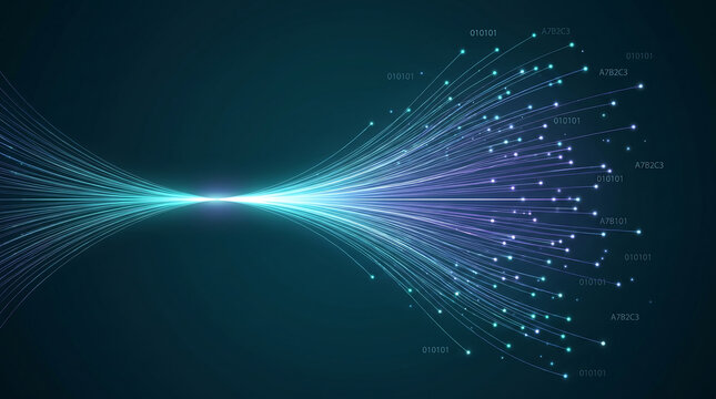 Digital data stream abstract background with glowing lines and particles representing information flow technology network and global communication