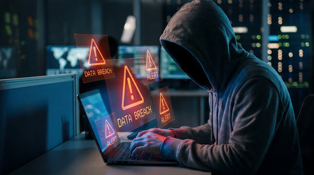 Hacker in hoodie typing on laptop with data breach alert holographic screens cyber security threat