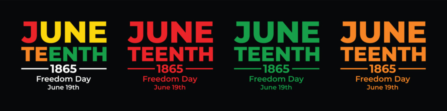 Juneteenth 1865 freedom day text labels with four different vibrant gradient letter styles for celebration designs and holiday social media posts