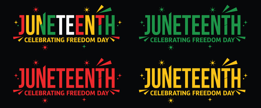 Juneteenth celebrating freedom day colorful typography design set for african american historical holiday celebration isolated on dark background