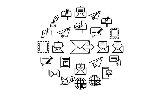 Modern post and envelope line icons with editable mail communication vector design