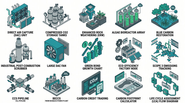 Vector icon set of carbon capture technologies and climate accounting metrics, flat 3d isometric projection on white background