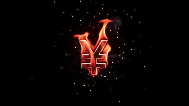 Japanese yen currency symbol engulfed in bright orange flames with floating embers captured in a high quality digital animation motion clip featuring a dark background and intense heat effects that sy