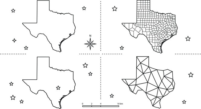 Texas state map linear outline icon set with county borders capital star and low poly design