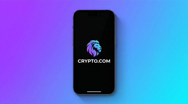 Crypto.com cryptocurrency trading platform app on the smartphone iPhone screen. Lion logo and brand name. Vibrant purple and blue gradient background with shadow. Digital finance and blockchain.