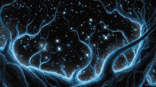Bioluminescent root system resembling cosmic branches against night sky