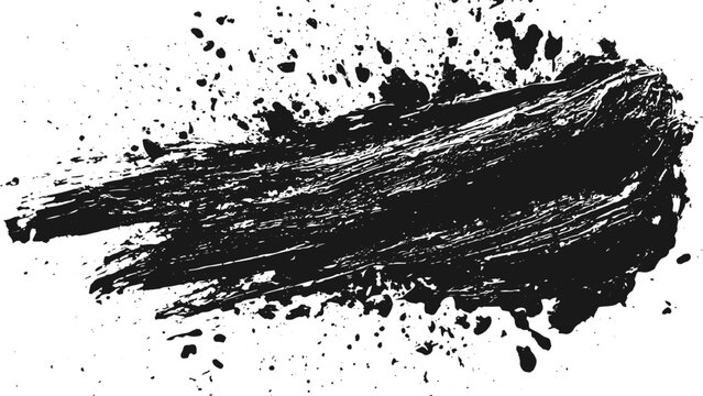 Modern Black Hand Painted Brush Stroke Featuring Textured Grunge Details Dynamic Paint Splatters and Clean White Background.