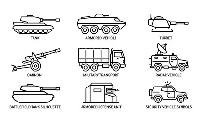 Tank line icon set with military armored vehicle vector symbols © Md