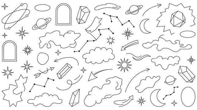 Minimalistic cosmic design elements vector set with space line art icons.