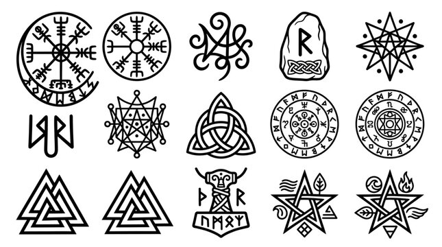 Collection of various ancient Norse and Celtic symbols and runic designs.