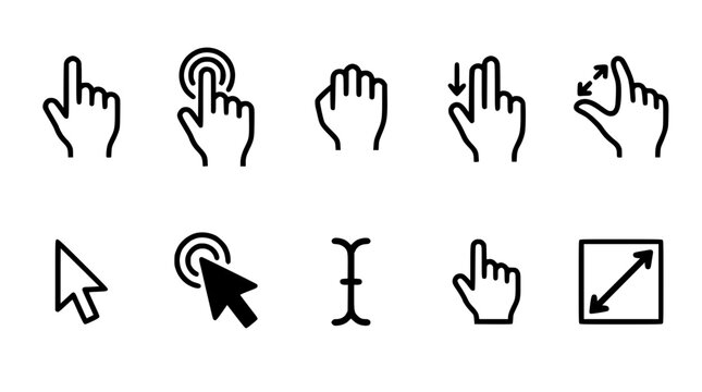 Fingers and Mouse Pointers Illustrating Various Actions and Gestures Featuring Pointing, Clicking, Tapping with Swiping and Scrolling Elements