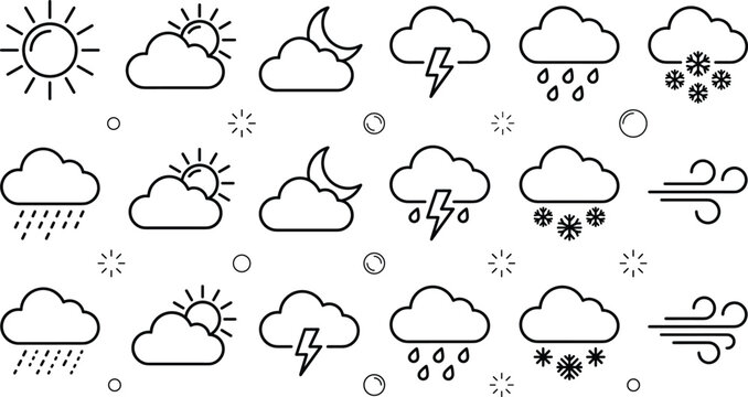 Meteorology weather forecast linear outline icon set with sun clouds rain snow thunder and wind symbols