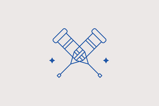 Two crossed wooden underarm crutches line icon for physical rehabilitation center website, emergency medical trauma equipment store. Helpful vector illustration for disabled person mobility support.