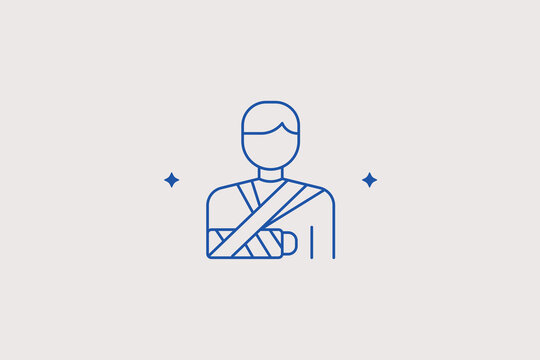 Man patient profile with broken arm bone in sling bandage line icon for hospital orthopedic trauma department, clinic rehabilitation service. Caring vector illustration for emergency healthcare.