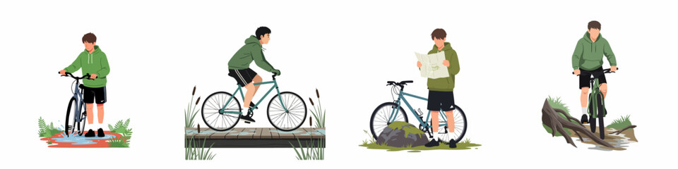 Naklejka premium Vector set of a young man enjoying outdoor bicycle adventures, including riding on bridges, navigating with maps, and traversing nature trails.