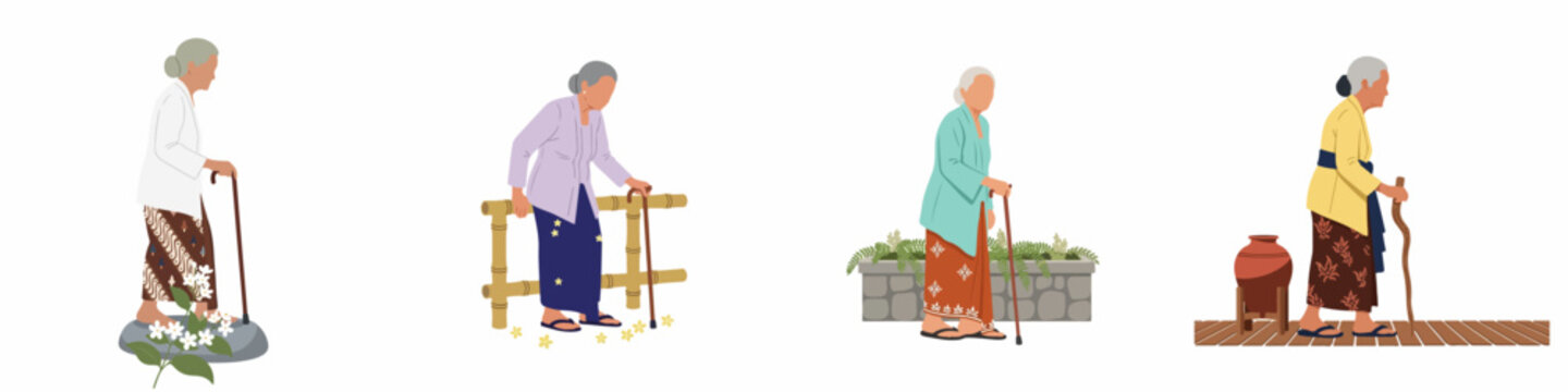 Set of illustrations depicting elderly Indonesian women in traditional kebaya and batik attire walking with the help of canes on white background.