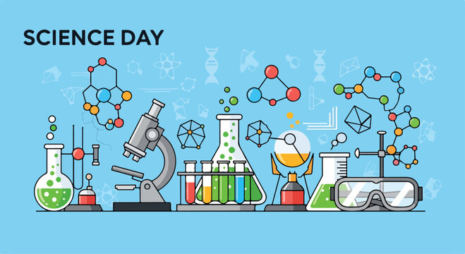 A colorful illustration of science equipment and molecules on blue