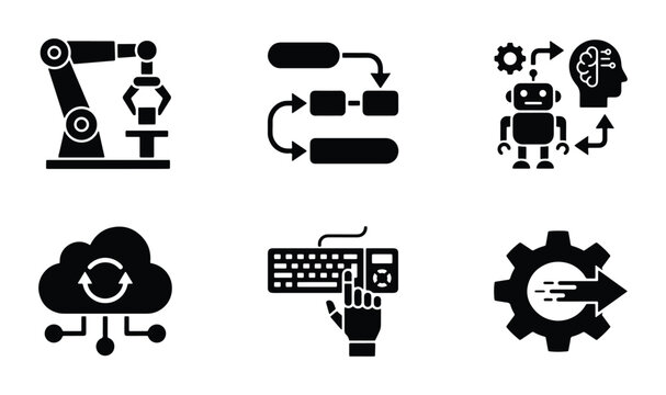 Industrial Automation Icons, AI Robot, Cloud Computing, Workflow Flowchart, Technology Set