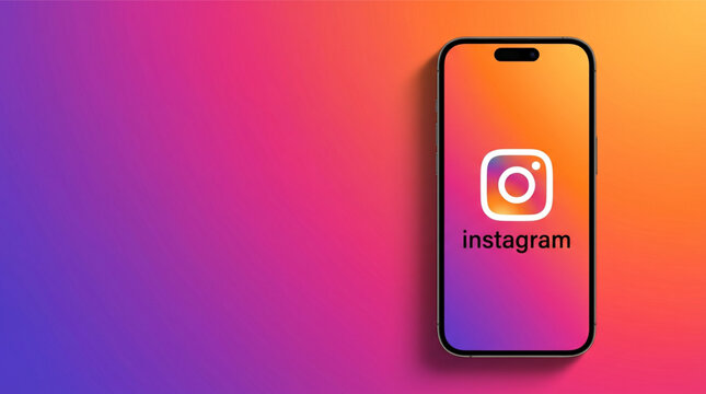 Instagram social media application logotype on the smartphone iPhone 15 Pro Max screen. Vibrant orange, pink and purple gradient background with copy space. Digital mobile app interface mockup.