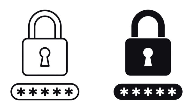 Security padlock with password input field vector icons in outline and solid style.