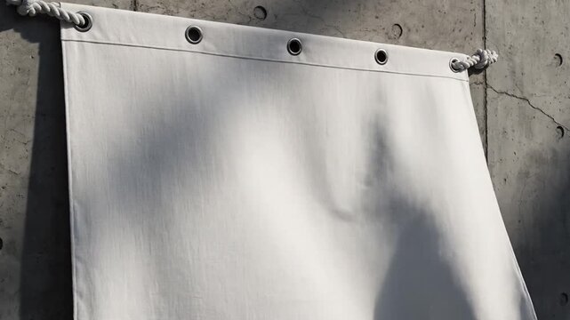 Blank white canvas banner hanging on gray concrete wall.
