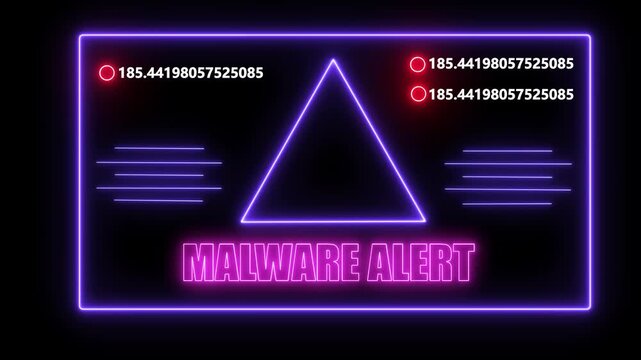 Dynamic neon malware alert warning screen with pulsing digital data streams and cybersecurity threat notification for high-tech computer security, network protection, and cybercrime prevention
