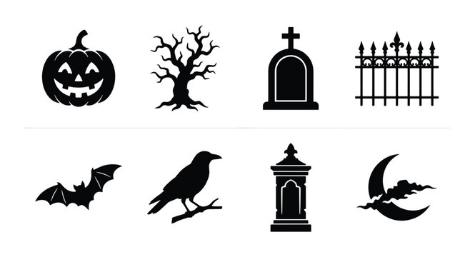 Halloween Icons Vector Set: Spooky Pumpkin, Bare Tree, Tombstone, Bat, Crow, Moon