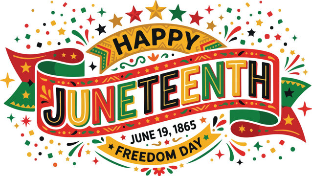 Happy juneteenth freedom day banner with festive ribbons and stars