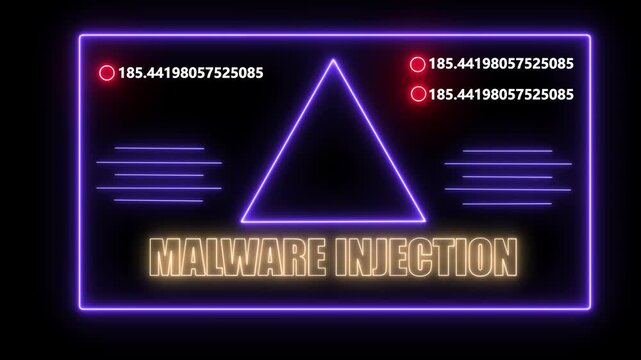 Cybersecurity warning alert featuring neon malware injection text notification with digital data stream and glowing warning triangle for advanced network security and information technology protection