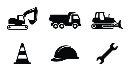 Construction Icons Set: Excavator, Dump Truck, Bulldozer, Cone, Hard Hat, Wrench, Vector Graphics © Fahmida