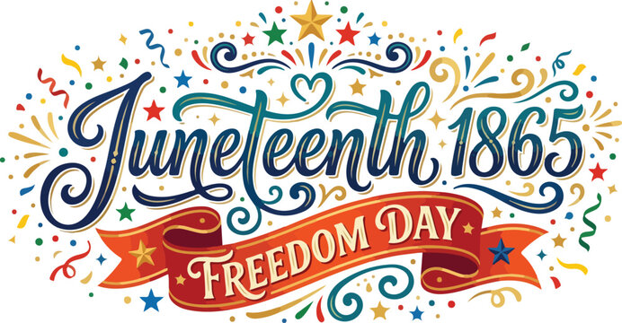 Festive juneteenth 1865 freedom day lettering with decorative stars