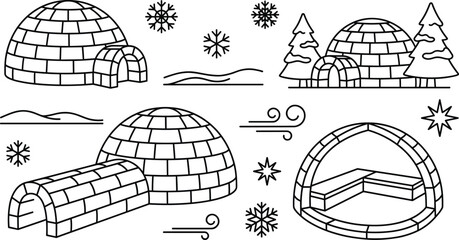 Arctic igloo and snow house line icon set with winter landscape fir tree vector illustration © AKTAR