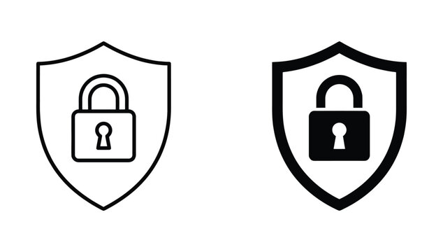 Locked security shield icon set in outline and solid style. Vector illustration
