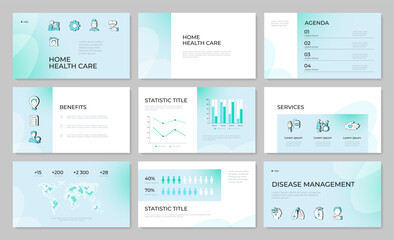 Fototapeta na wymiar Accessible healthcare infrastructure presentation template set. Holistic wellness support system. PPT slides on light green gradient background. Pitch deck layout with cover. Modern report design