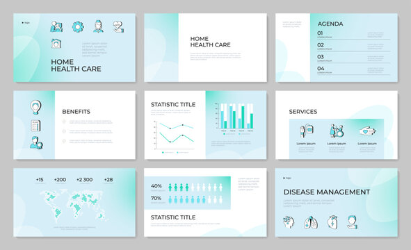 Accessible healthcare infrastructure presentation template set. Holistic wellness support system. PPT slides on light green gradient background. Pitch deck layout with cover. Modern report design