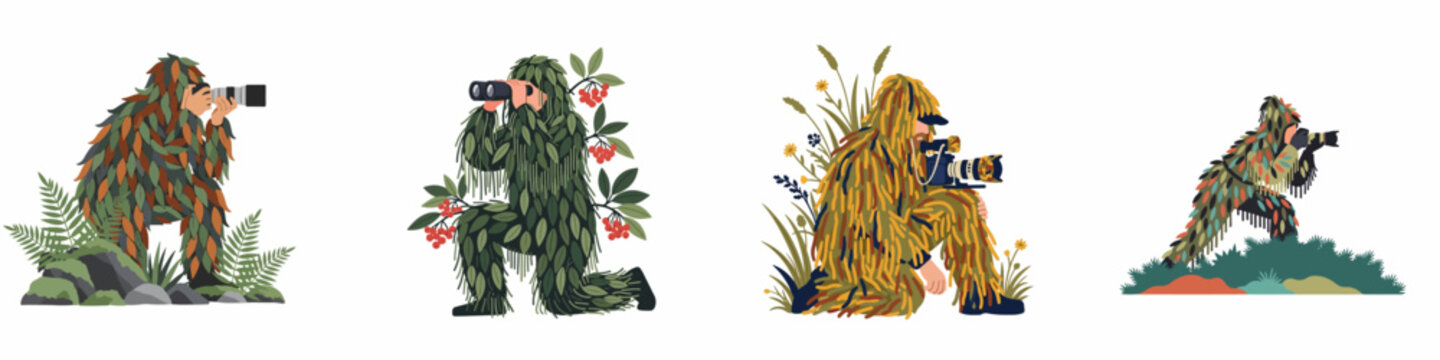 A collection of nature photographers and observers in camouflage ghillie suits, using cameras and binoculars for wildlife observation and photography in the wild.