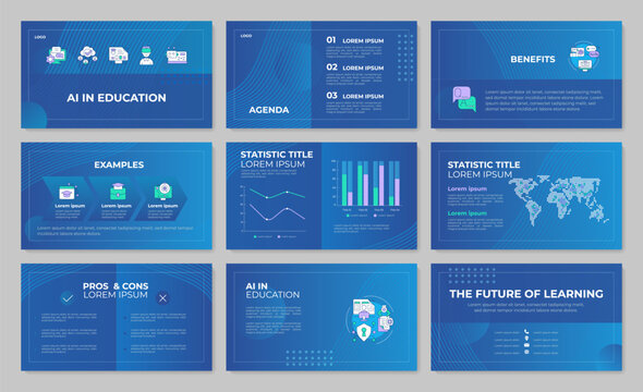 Personalized learning systems presentation template set. Ai driven academic innovation solutions. Educational tech. PPT slides on blue background. Pitch deck layout with cover. Modern report design